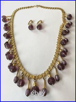 FREIDRICH Purple Molded Glass Dangle Bead Necklace & Clip Earrings Set Gold Tone