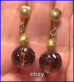 FREIDRICH Purple Molded Glass Dangle Bead Necklace & Clip Earrings Set Gold Tone