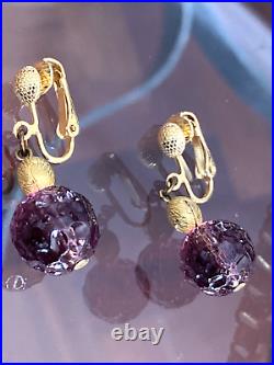 FREIDRICH Purple Molded Glass Dangle Bead Necklace & Clip Earrings Set Gold Tone