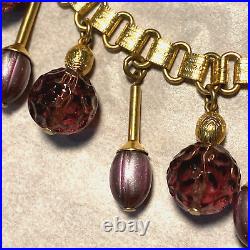 FREIDRICH Purple Molded Glass Dangle Bead Necklace & Clip Earrings Set Gold Tone