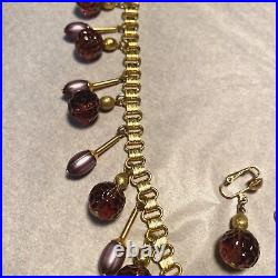 FREIDRICH Purple Molded Glass Dangle Bead Necklace & Clip Earrings Set Gold Tone