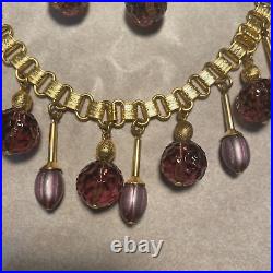 FREIDRICH Purple Molded Glass Dangle Bead Necklace & Clip Earrings Set Gold Tone