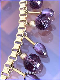 FREIDRICH Purple Molded Glass Dangle Bead Necklace & Clip Earrings Set Gold Tone