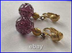 FREIDRICH Purple Molded Glass Dangle Bead Necklace & Clip Earrings Set Gold Tone