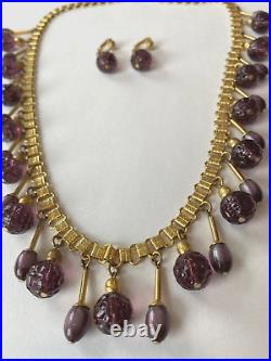 FREIDRICH Purple Molded Glass Dangle Bead Necklace & Clip Earrings Set Gold Tone