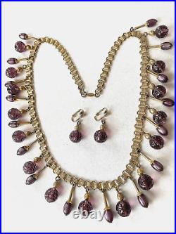 FREIDRICH Purple Molded Glass Dangle Bead Necklace & Clip Earrings Set Gold Tone