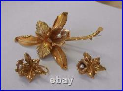 Fab! 18K Yellow Gold Pearl Orchid Flower Brooch Earrings Demi Parure Set 2 Tone