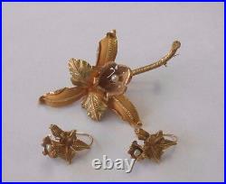 Fab! 18K Yellow Gold Pearl Orchid Flower Brooch Earrings Demi Parure Set 2 Tone