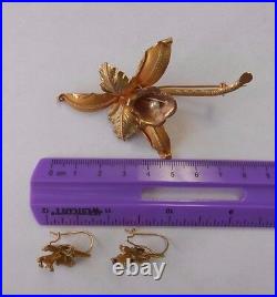 Fab! 18K Yellow Gold Pearl Orchid Flower Brooch Earrings Demi Parure Set 2 Tone