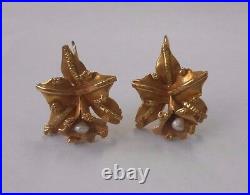 Fab! 18K Yellow Gold Pearl Orchid Flower Brooch Earrings Demi Parure Set 2 Tone