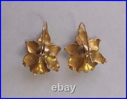 Fab! 18K Yellow Gold Pearl Orchid Flower Brooch Earrings Demi Parure Set 2 Tone