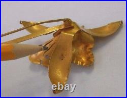 Fab! 18K Yellow Gold Pearl Orchid Flower Brooch Earrings Demi Parure Set 2 Tone