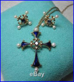 Faberge Earrings & Cross Diamond Sapphire Pearl Blue Enamel 14K Gold Necklace