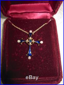 Faberge Earrings & Cross Diamond Sapphire Pearl Blue Enamel 14K Gold Necklace