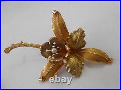 Fantastic 18K Gold Pearl Orchid Flower Brooch Earrings Demi Parure Set Two Tone