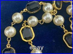 Faux Pearl and Black Onyx Bezel Set Long Strand Necklace 10K Yellow Gold Over