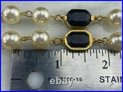 Faux Pearl and Black Onyx Bezel Set Long Strand Necklace 10K Yellow Gold Over