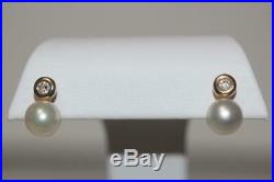 Fine 14K Yellow Gold 8mm Cultured Pearl Bezel-set Diamond Drop Stud Earrings