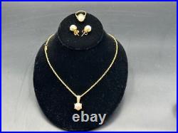 Fine 14kt Gold Pearl Diamonds Ring, Earrings, Pendant and Necklace Set