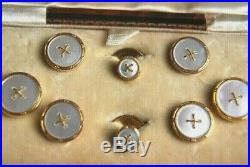 Fine Antique 9 Carat Gold Mop Mens Cuff Links Dress Shirt Stud Buttons Set Case