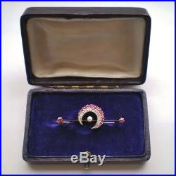 Fine Antique Edwardian 9ct Gold Ruby Diamond & Pearl set Crescent Brooch c1905