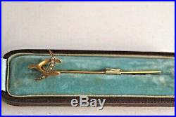 Fine Antique Edwardian 9ct Gold Wishbone& Crescent Moon Seed Pearl Set Stick Pin