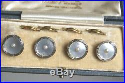 Fine Antique Mens 9 Ct Gold Mother Of Pearl Dress Shirt Buttons Set Cased 4.3 G
