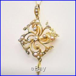 Fine Antique Victorian 15ct Gold Diamond & Seed Pearl set Pendant Necklace c1890