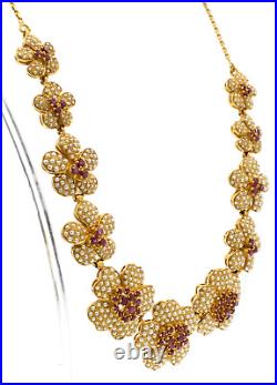 Fine Estate 22k Yellow Gold Ruby Seed Pearls Necklace Earrings Set 76.6 Grams