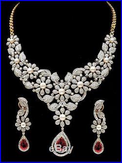 Fine Party / Bridal Wear Necklace + Earrings Set With Ruby, Pearl & Real Diamond