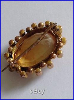 Fine Quality Antique 9ct Gold Natural Citrine & Seed Pearl Set Brooch