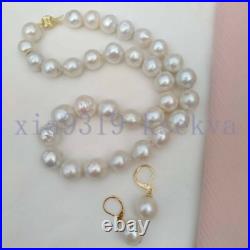 Fine Set 10-12mm South Sea Baroque White Pearl Necklace Earrings 14k Gold P