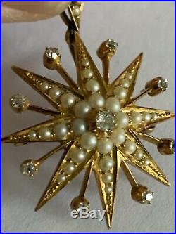 Fine Victorian 15ct Gold Natural Seed Pearl & Diamond Set Star Pendant / Brooch