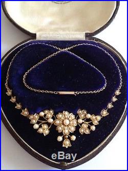 Fine Victorian 15ct Gold Natural Seed Pearl Set Necklace In Fitted Case