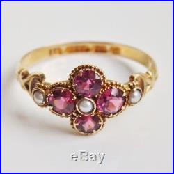 Fine Victorian 15ct Gold Pink Tourmaline & Pearl set Floral Cluster Ring c1863