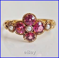 Fine Victorian 15ct Gold Pink Tourmaline & Pearl set Floral Cluster Ring c1863