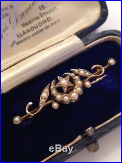Fine Victorian 15ct Gold & Seed Pearl Set Crescent Star Brooch In Antique Box