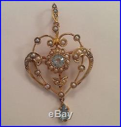 Fine Victorian 9ct Gold Aquamarine & Seed Pearl Set Pendant Brooch