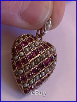 Fine Victorian 9ct Gold Heart Shaped Ruby & Seed Pearl Set Heart Pendant