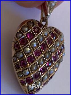 Fine Victorian 9ct Gold Heart Shaped Ruby & Seed Pearl Set Heart Pendant