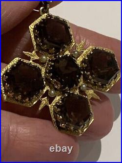 Finest Quality Antique 15ct Gold Quartz & Seed Pearl Set Pendant / Brooch Cross