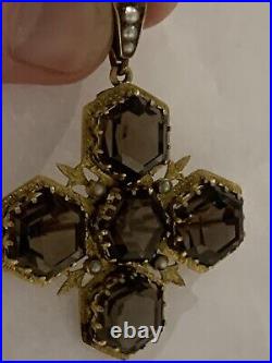 Finest Quality Antique 15ct Gold Quartz & Seed Pearl Set Pendant / Brooch Cross