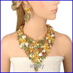 Flower Bouquet Pearl Topaz Floral Necklace Earrings Set Gold GP Women Dazzling