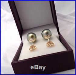 Free Shipping! 10.5mm AAA Tahitian South Sea Pearls set on 9k Gold Stud Earrings