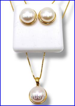 Fresh Water Pearl and Diamond 14k Yellow Gold Earrings & Pendant Jewelry Set 17