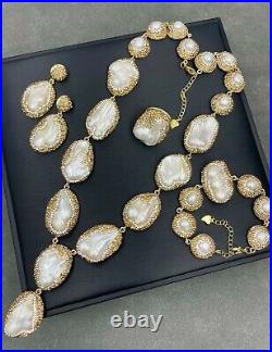 Freshwater Baroque Keshi pearl Diamonds gold plated 4 piece Necklace Set