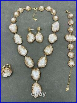 Freshwater Baroque Keshi pearl Diamonds gold plated 4 piece Necklace Set