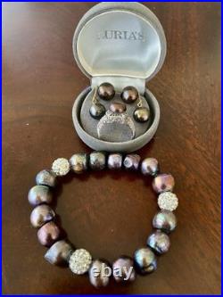 Freshwater Brown Pearl Set-Bracelet, 2 Pair Earrings&14K White Gold/Diamonds Ring