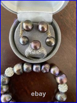 Freshwater Brown Pearl Set-Bracelet, 2 Pair Earrings&14K White Gold/Diamonds Ring