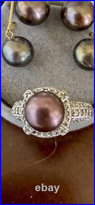 Freshwater Brown Pearl Set-Bracelet, 2 Pair Earrings&14K White Gold/Diamonds Ring